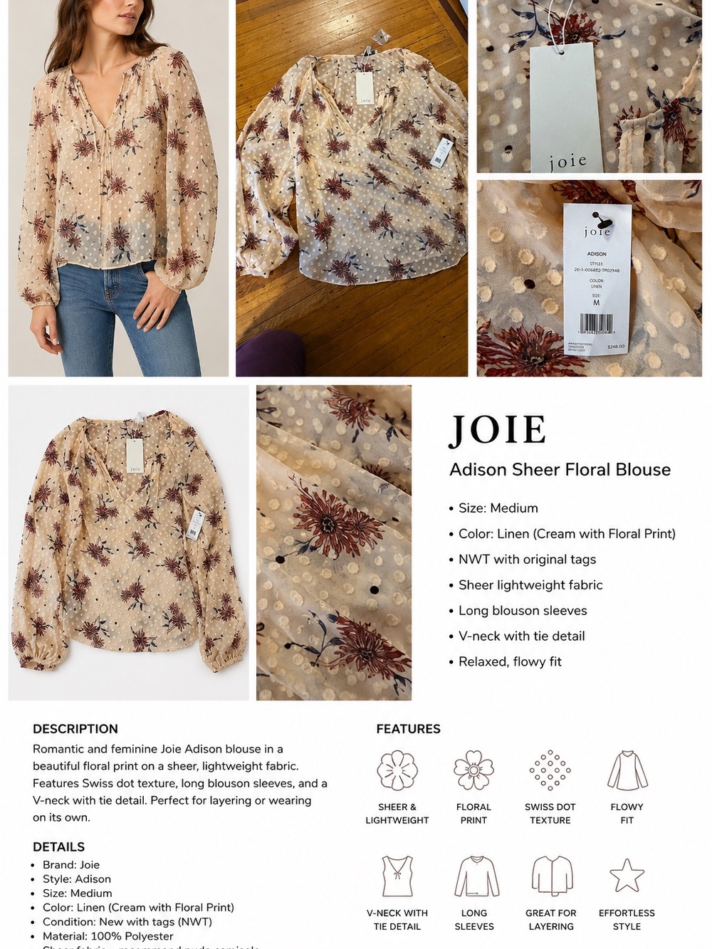 Joie Linen-Blend Sheer Dot Blouse with Rust Floral Accents